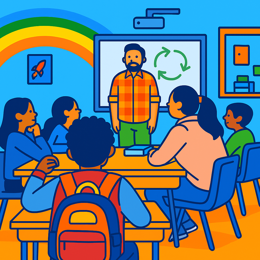 Kleurrijke illustratie van een docent en leerlingen die samen wiskunde leren