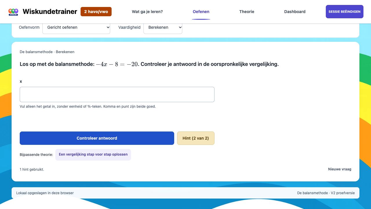 Echte oefening over de balansmethode, met een antwoordveld, hintknop en bijpassende theorie.